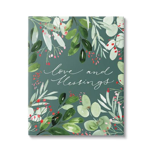 Stupell Industries Love & Blessings Green Floral Leaves Canvas Wall Art